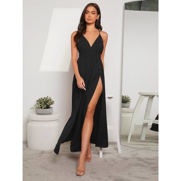 Hollow Out Ruched Slit V Neck Cami Maxi Dress